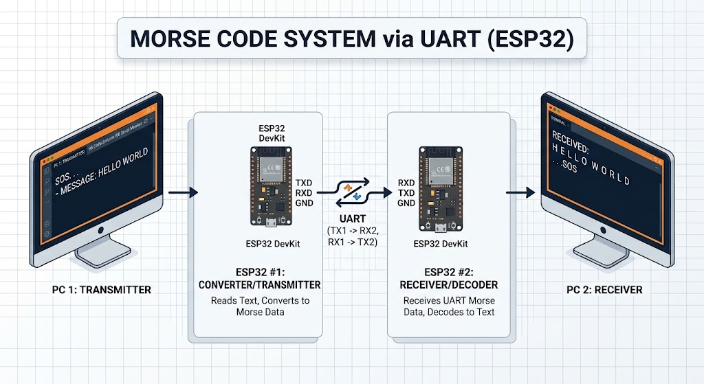 Diagram: two ESP32 boards linked over UART, one encoding text to Morse and one decoding it